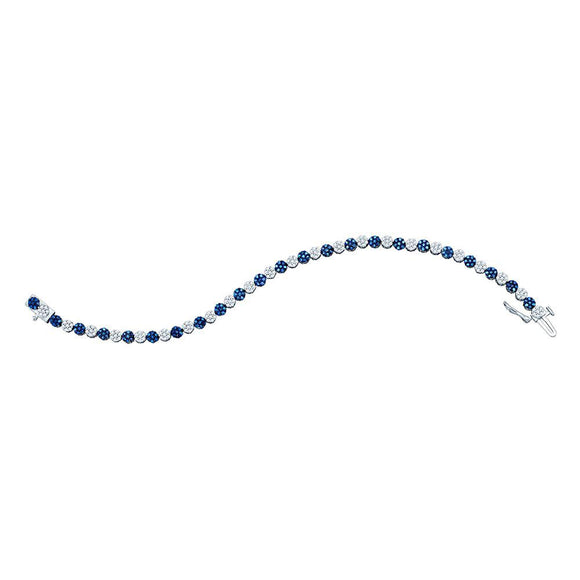 10kt White Gold Womens Round Blue Color Enhanced Diamond Flower Cluster Bracelet 2 Cttw