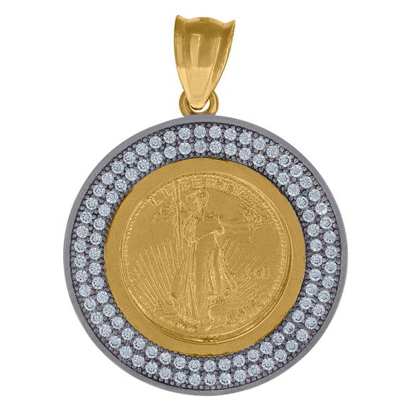 10kt Gold Two-tone Cubic-zirconia Mens Lady Liberty Ht:34.7mm x W:24.9mm Medallion Charm Pendant