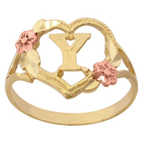 10kt Two-tone Gold Womens DC Textured Initial Letter Y Heart Band Ring