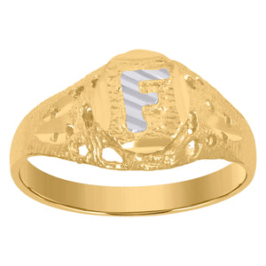 10kt Two-tone Gold Mens Diamond-cut Textured Oval Initial Letter F Band Ring