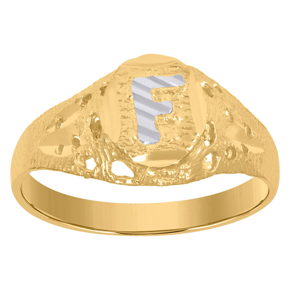 10kt Two-tone Gold Mens Diamond-cut Textured Oval Initial Letter F Band Ring