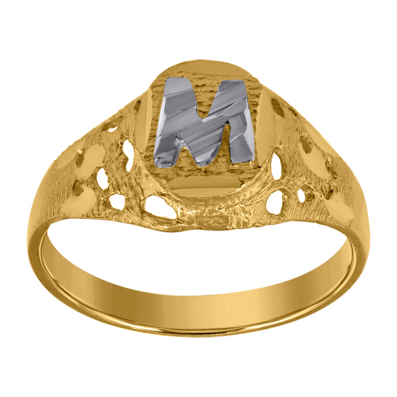10kt Two-tone Gold Mens Diamond-cut Textured Oval Initial Letter M Band Ring