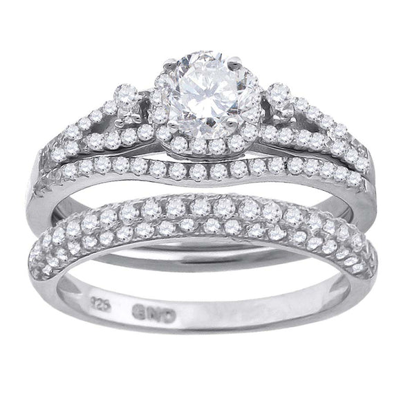 925 Sterling Silver Womens Cubic Zirconia Halo Bridal Trio Set Ring Size 6