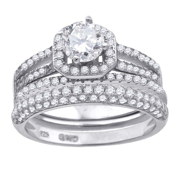 925 Sterling Silver Womens Cubic Zirconia Halo Bridal Trio Set Ring Size 6