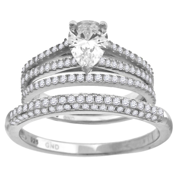 925 Sterling Silver Womens Cubic Zirconia Pear Bridal Trio Set Ring Size 6