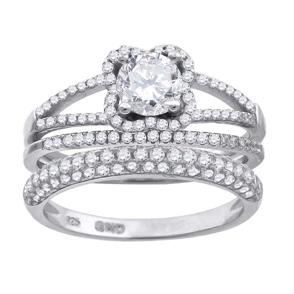 925 Sterling Silver Womens Cubic Zirconia Floral Halo Bridal Trio Set Ring Size 6