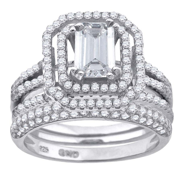 925 Sterling Silver Womens Cubic Zirconia Halo Bridal Trio Set Ring Size 6