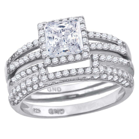 925 Sterling Silver Womens Cubic Zirconia Halo Bridal Trio Set Ring Size 6