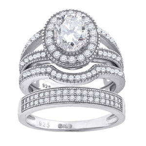 925 Sterling Silver His & Hers Cubic Zirconia Halo Trio Ring Set Size 6
