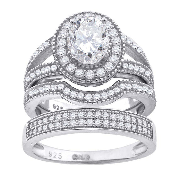 925 Sterling Silver His & Hers Cubic Zirconia Halo Trio Ring Set Size 6