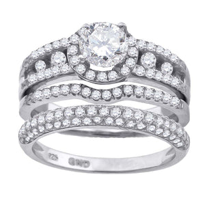 925 Sterling Silver His & Hers Cubic Zirconia Halo Trio Ring Set Size 6