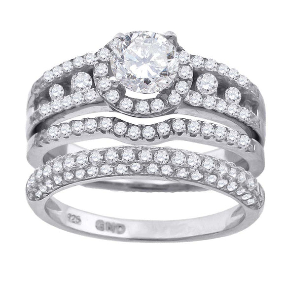 925 Sterling Silver His & Hers Cubic Zirconia Halo Trio Ring Set Size 6