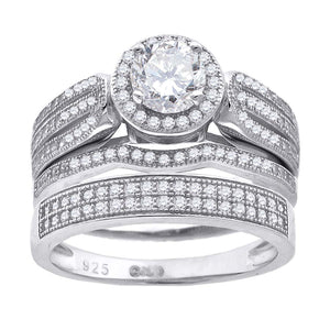 925 Sterling Silver His & Hers Cubic Zirconia Halo Trio Ring Set Size 6