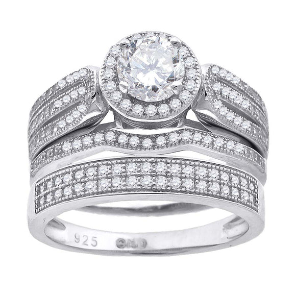 925 Sterling Silver His & Hers Cubic Zirconia Halo Trio Ring Set Size 6