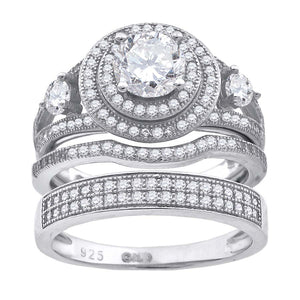 925 Sterling Silver His & Hers Cubic Zirconia Trio Ring Set Size 6