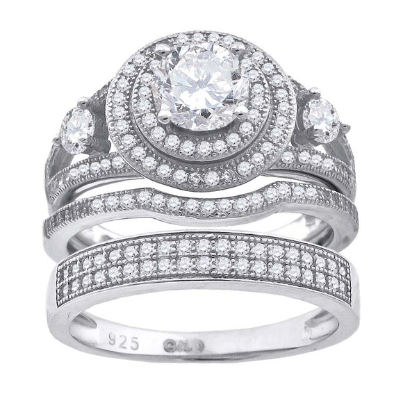 925 Sterling Silver His & Hers Cubic Zirconia Trio Ring Set Size 6