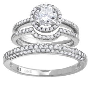 925 Sterling Silver His & Hers Cubic Zirconia Halo Trio Ring Set Size 6