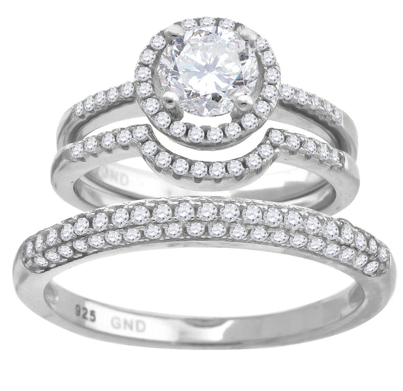 925 Sterling Silver His & Hers Cubic Zirconia Halo Trio Ring Set Size 6