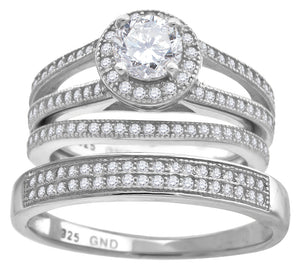 925 Sterling Silver His & Hers Cubic Zirconia Halo Trio Ring Set Size 6