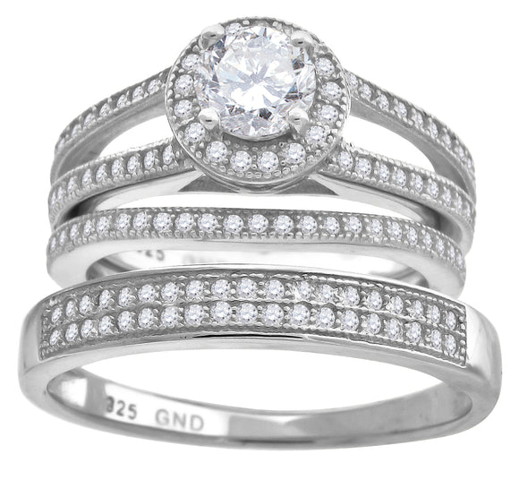 925 Sterling Silver His & Hers Cubic Zirconia Halo Trio Ring Set Size 6