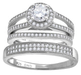 925 Sterling Silver His & Hers Cubic Zirconia Halo Trio Ring Set Size 6