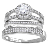 925 Sterling Silver His & Hers Cubic Zirconia Halo Trio Ring Set Size 9