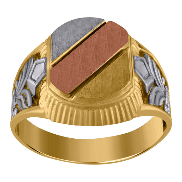 10KT Tri-Color Gold Mens Fashion Diagonal Lines Signet Ring