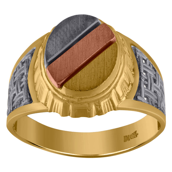 10KT Tri-Color Gold Mens Oval Head Diagonal Lines Signet Ring
