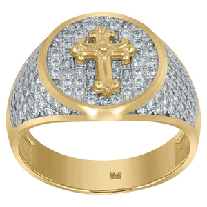 10kt Two-tone Gold Mens Cubic Zirconia Oval Cross Religious Ring