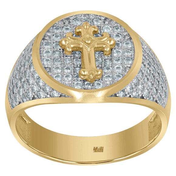 10kt Two-tone Gold Mens Cubic Zirconia Oval Cross Religious Ring