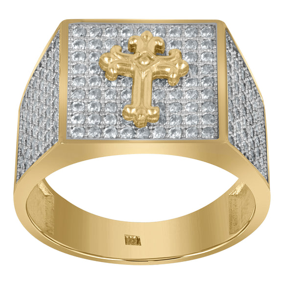 10kt Two-tone Gold Mens Cubic Zirconia Square Cross Religious Ring