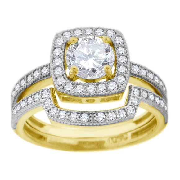 10kt Two-tone Gold Womens Cubic Zirconia Square Halo Bridal Ring Set
