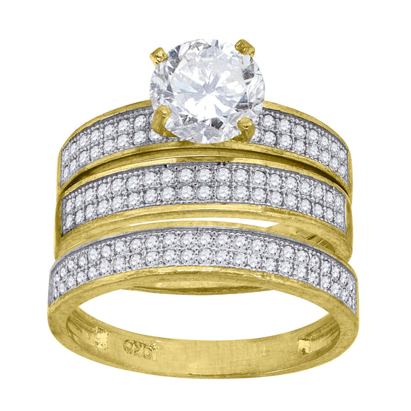 10kt Two-tone Gold Womens Round Cubic Zirconia Double Row Trio Ring Set