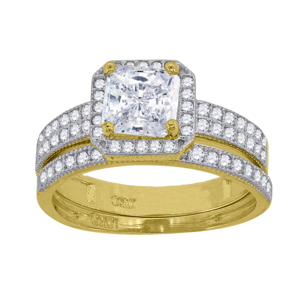 10kt Two-tone Gold Womens Princess-cut Cubic Zirconia Halo Bridal Ring Set