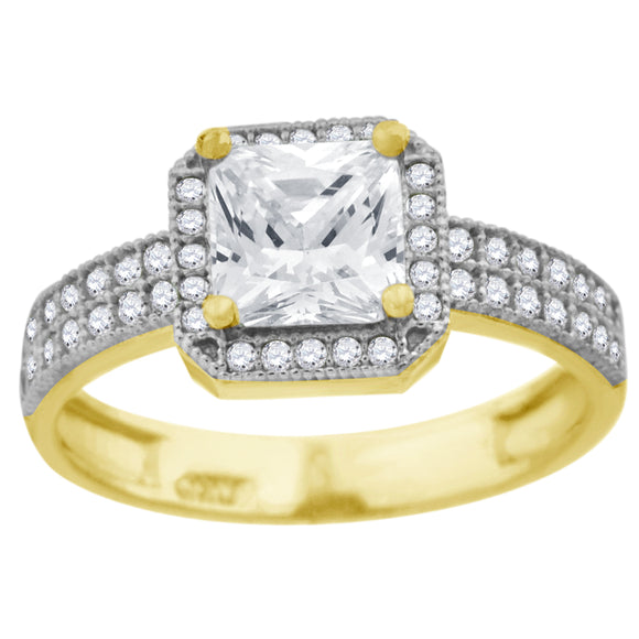 10kt Two-tone Gold Womens Round And Princess CZ Square Halo Engagement Ring