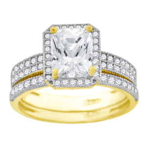 10kt Two-tone Gold Womens Round And Emerald Cubic Zirconia Halo Bridal Ring Set