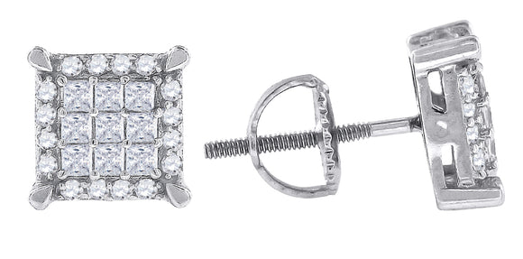 925 Sterling Silver Mens Princess Cubic Zirconia Square Stud Earrings