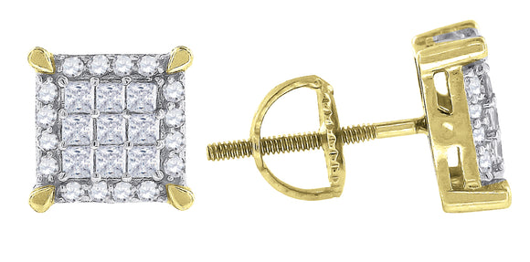 925 Sterling Silver Yellow-tone Mens Princess Cubic Zirconia Square Stud Earrings