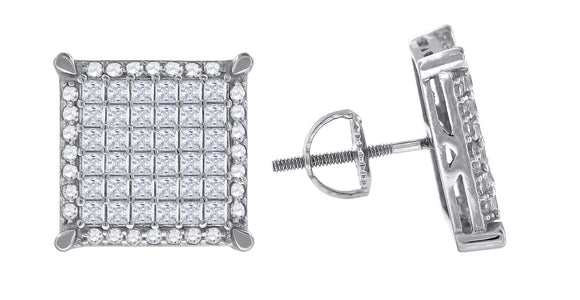 925 Sterling Silver Mens Princess Cubic Zirconia Square Stud Earrings
