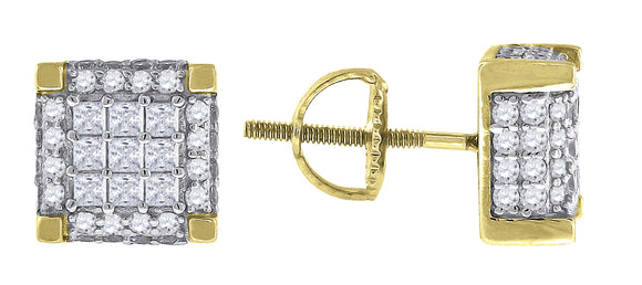 925 Sterling Silver Yellow-tone Mens Princess Cubic Zirconia Square Stud Earrings