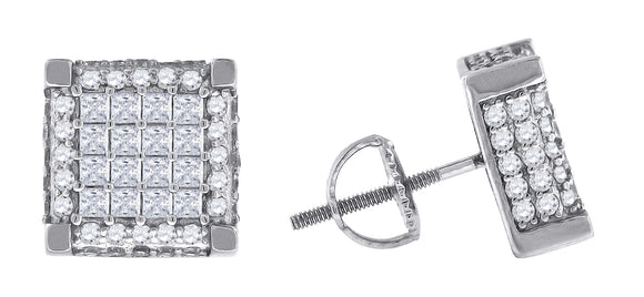925 Sterling Silver Mens Princess Cubic Zirconia Square Stud Earrings