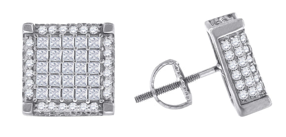 925 Sterling Silver Mens Princess Cubic Zirconia Square Stud Earrings