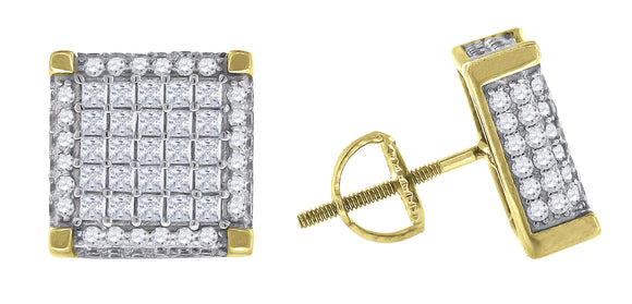 925 Sterling Silver Yellow-tone Mens Princess Cubic Zirconia Square Stud Earrings