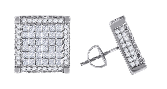 925 Sterling Silver Mens Princess Cubic Zirconia Square Stud Earrings
