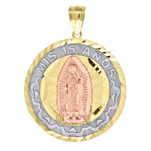 10kt Gold Tri-color Diamond-cut Womens Mary Mis 15 Anos Ht:37.4mm x W:28.6mm Quinceanera Charm Pendant