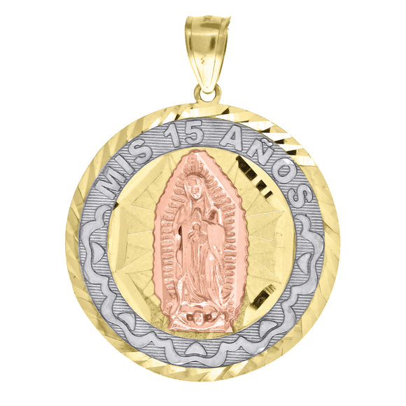 10kt Gold Tri-color Diamond-cut Womens Mary Mis 15 Anos Ht:37.4mm x W:28.6mm Quinceanera Charm Pendant