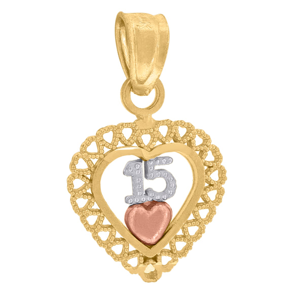 10kt Gold Tri-color Diamond-cut Womens 15 Anos Heart Ht:17.3mm x W:10.6mm Quinceanera Charm Pendant