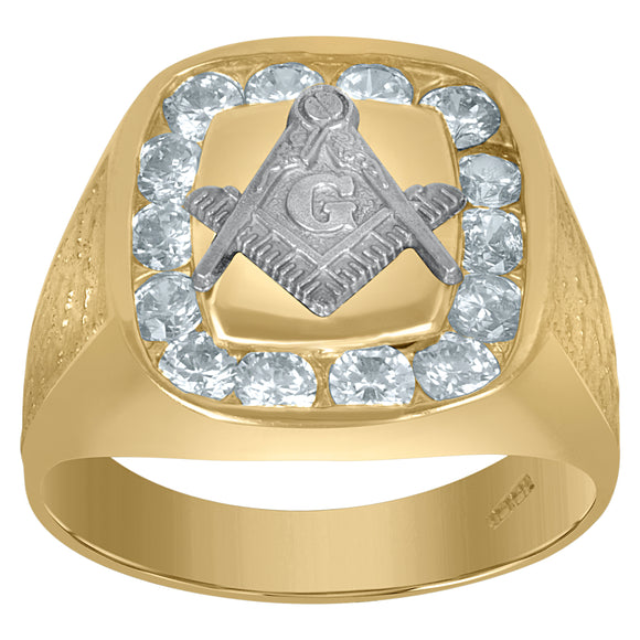 10kt Two-tone Gold Mens Cubic Zirconia Masonic Symbol Square Religious Ring