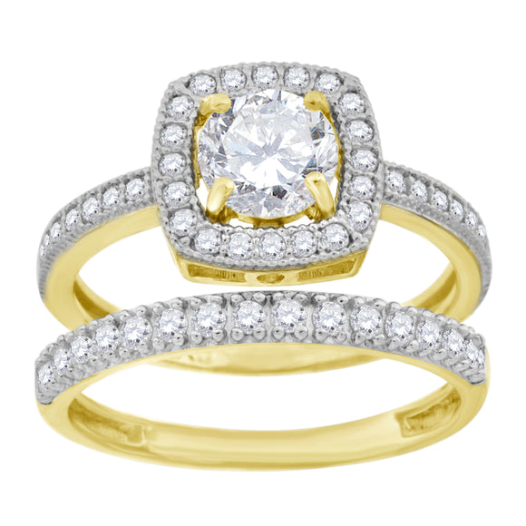 10kt Two-tone Gold Womens Princess-cut Cubic Zirconia Halo Bridal Ring Set