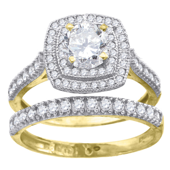 10kt Two-tone Gold Womens Cubic Zirconia Square Halo Bridal Ring Set